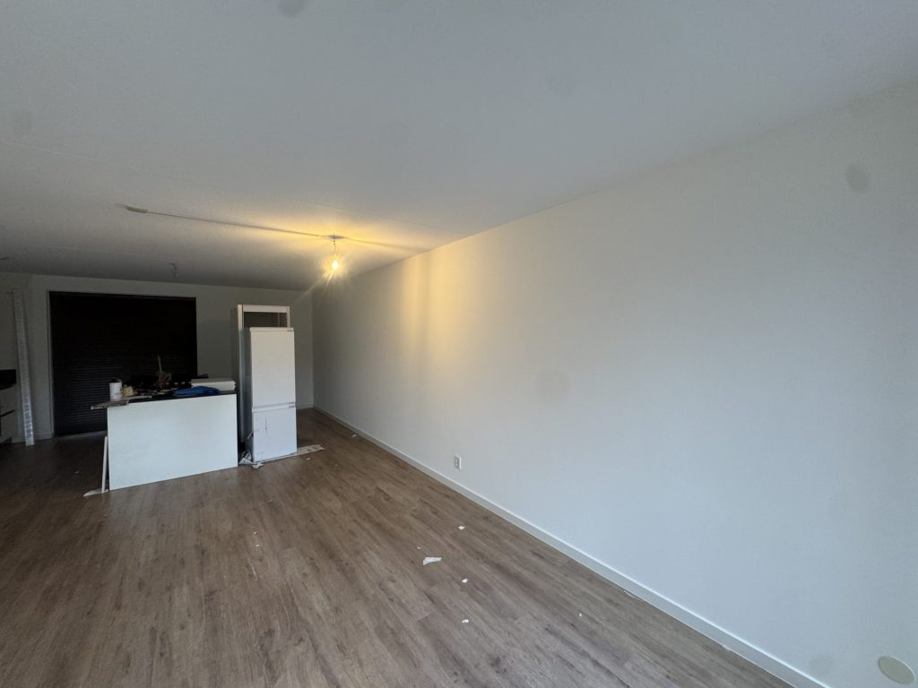 Lange woonkamer van een appartement met strak gesausde witte wand, laminaatvloer en een keukenblok achterin